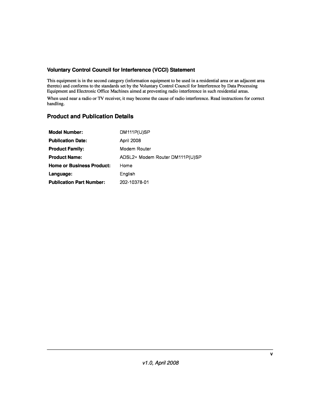 NETGEAR ADSL2+ Product and Publication Details, Voluntary Control Council for Interference VCCI Statement, v1.0, April 