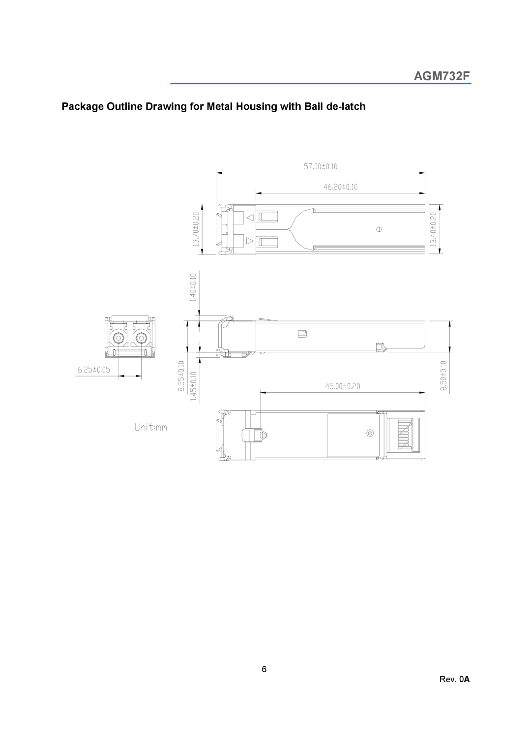 NETGEAR AGM732F manual Package Outline Drawing for Metal Housing with Bail de-latch 