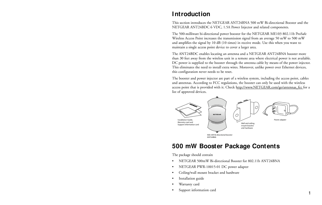 NETGEAR ANT24BNA, ANT24BDC manual Introduction, MW Booster Package Contents 