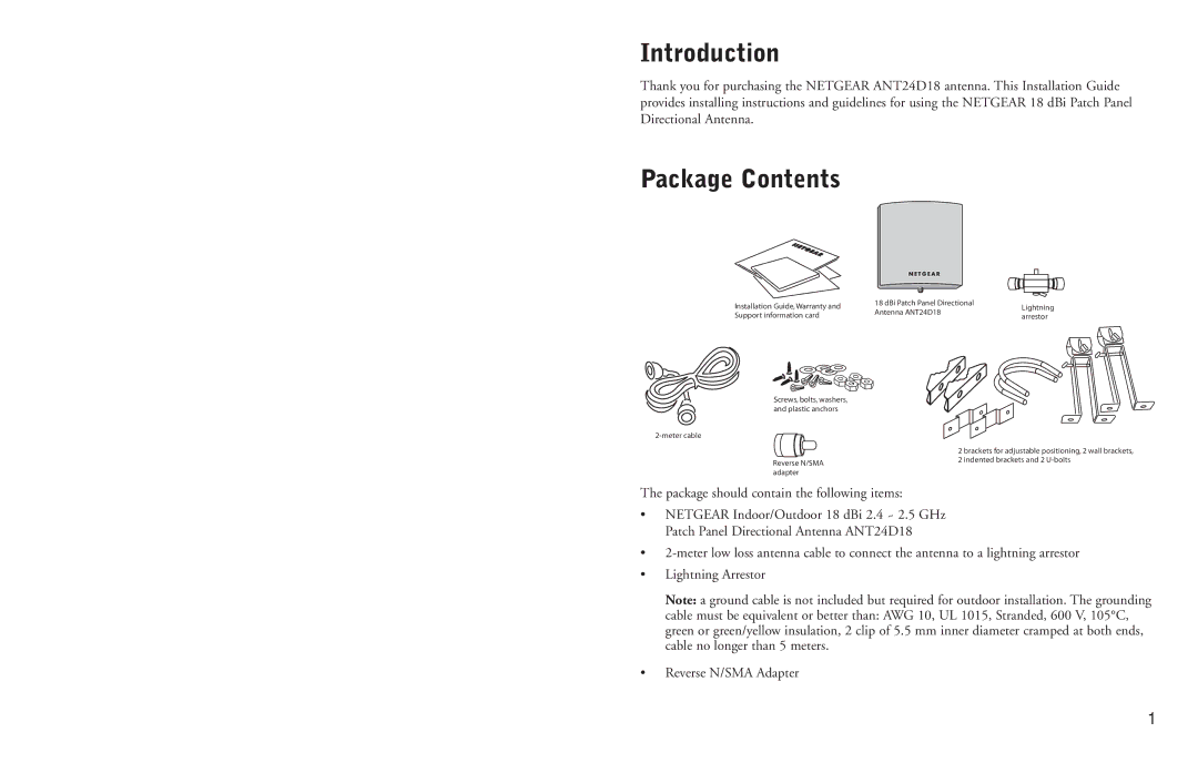 NETGEAR ANT24D18 manual Introduction, Package Contents 