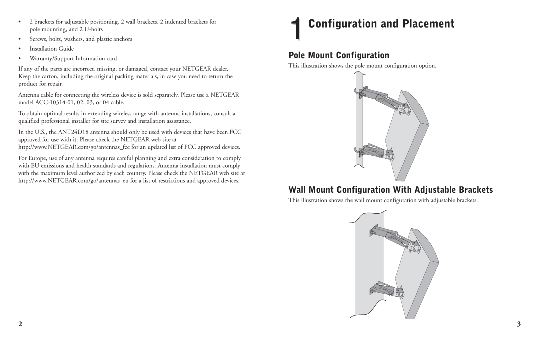 NETGEAR ANT24D18 1Configuration and Placement, Pole Mount Configuration, Wall Mount Configuration With Adjustable Brackets 