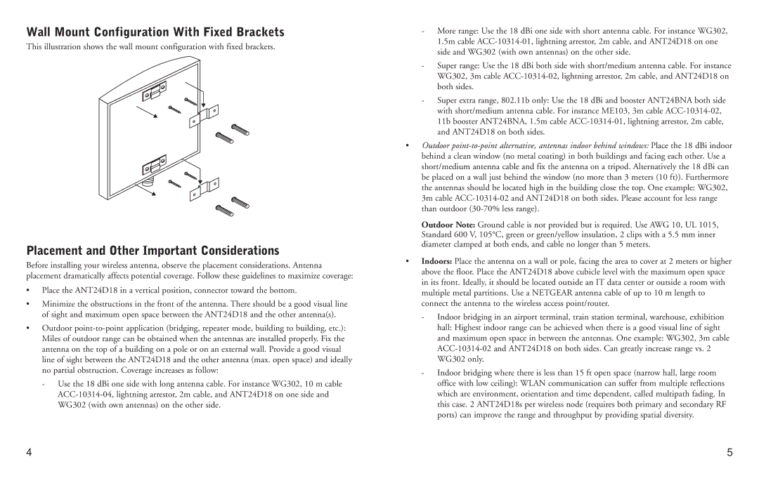 NETGEAR ANT24D18 manual Wall Mount Configuration With Fixed Brackets, Placement and Other Important Considerations 