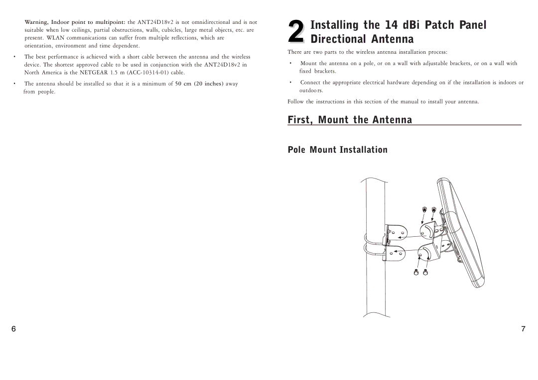 NETGEAR ANT24D18v2 manual Installing the 14 dBi Patch Panel Directional Antenna, Pole Mount Installation 