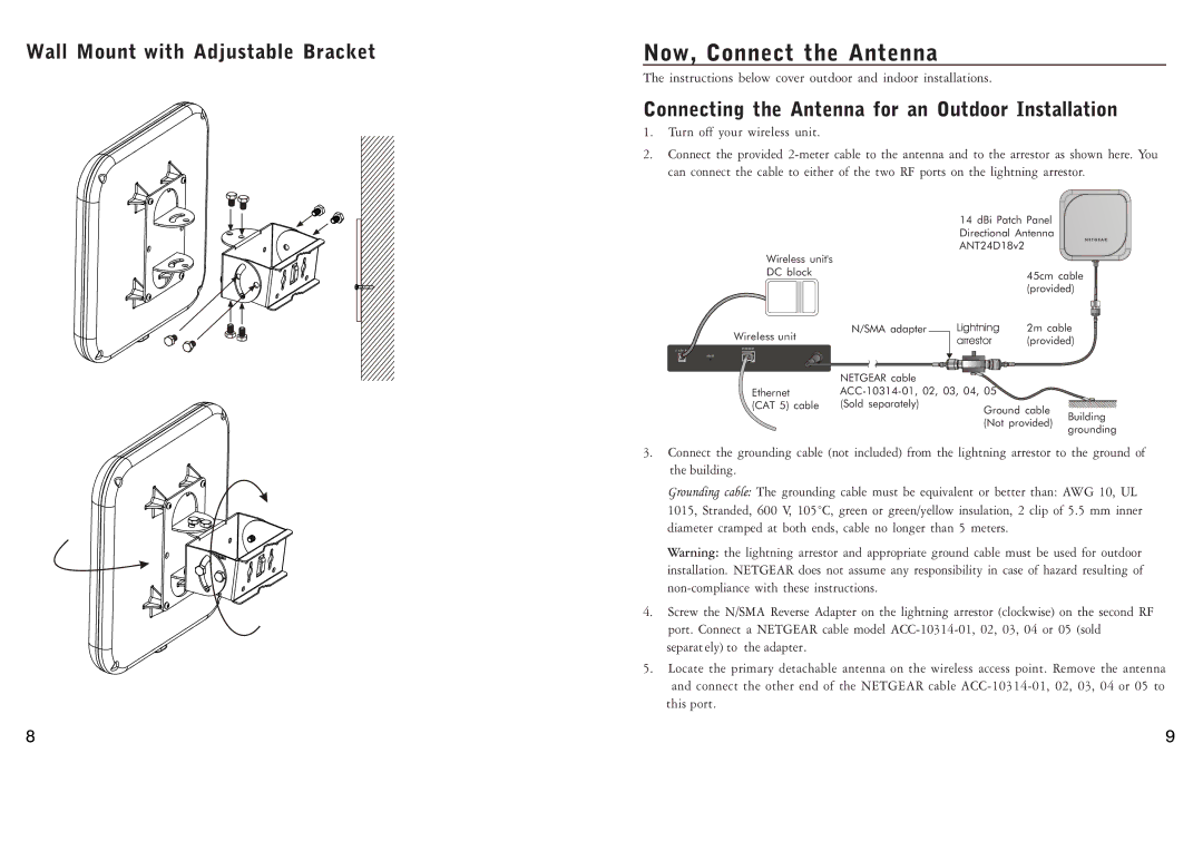 NETGEAR ANT24D18v2 manual Wall Mount with Adjustable Bracket, Connecting the Antenna for an Outdoor Installation 