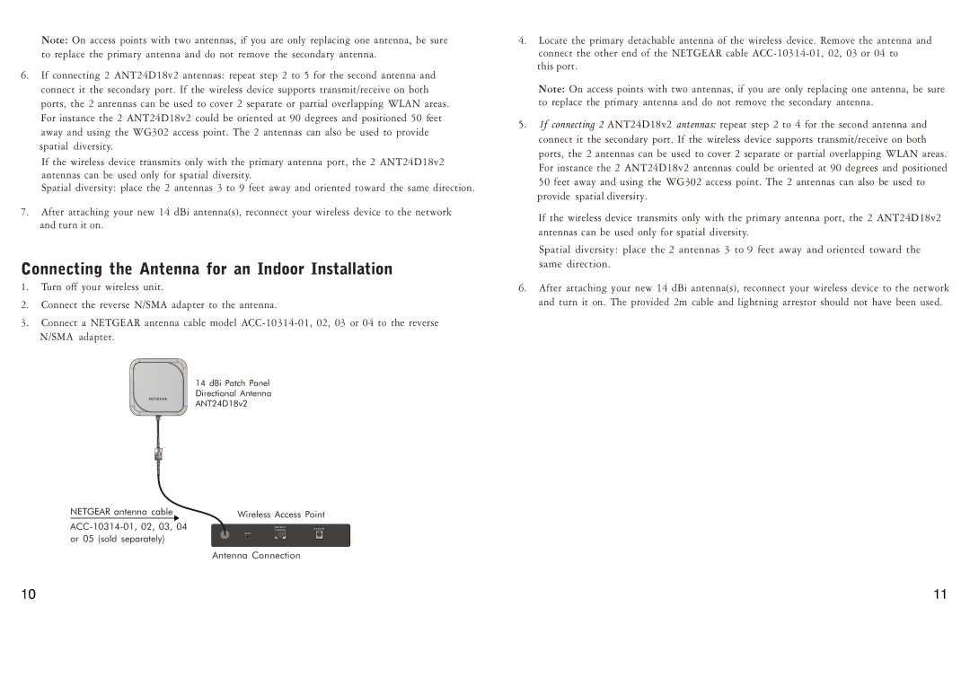 NETGEAR ANT24D18v2 manual Connecting the Antenna for an Indoor Installation 