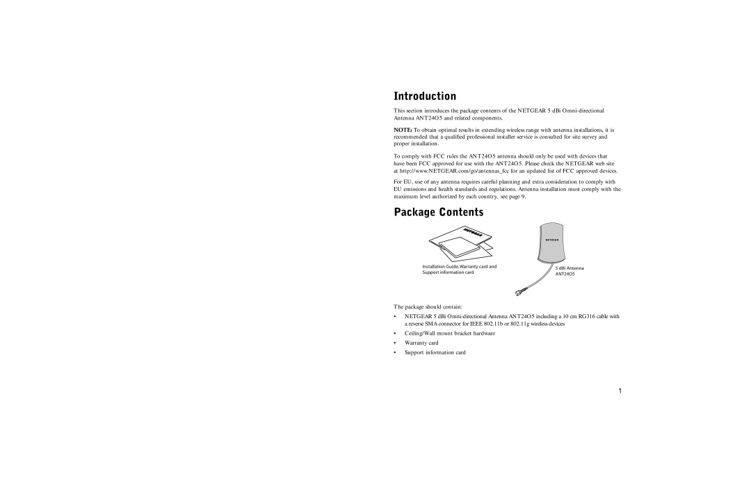 NETGEAR ANT24O5 manual Introduction, Package Contents 