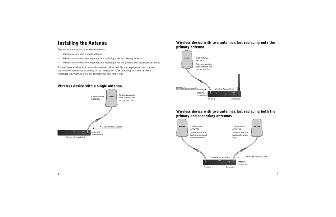 NETGEAR ANT24O5 manual Installing the Antenna, Wireless device with a single antenna 