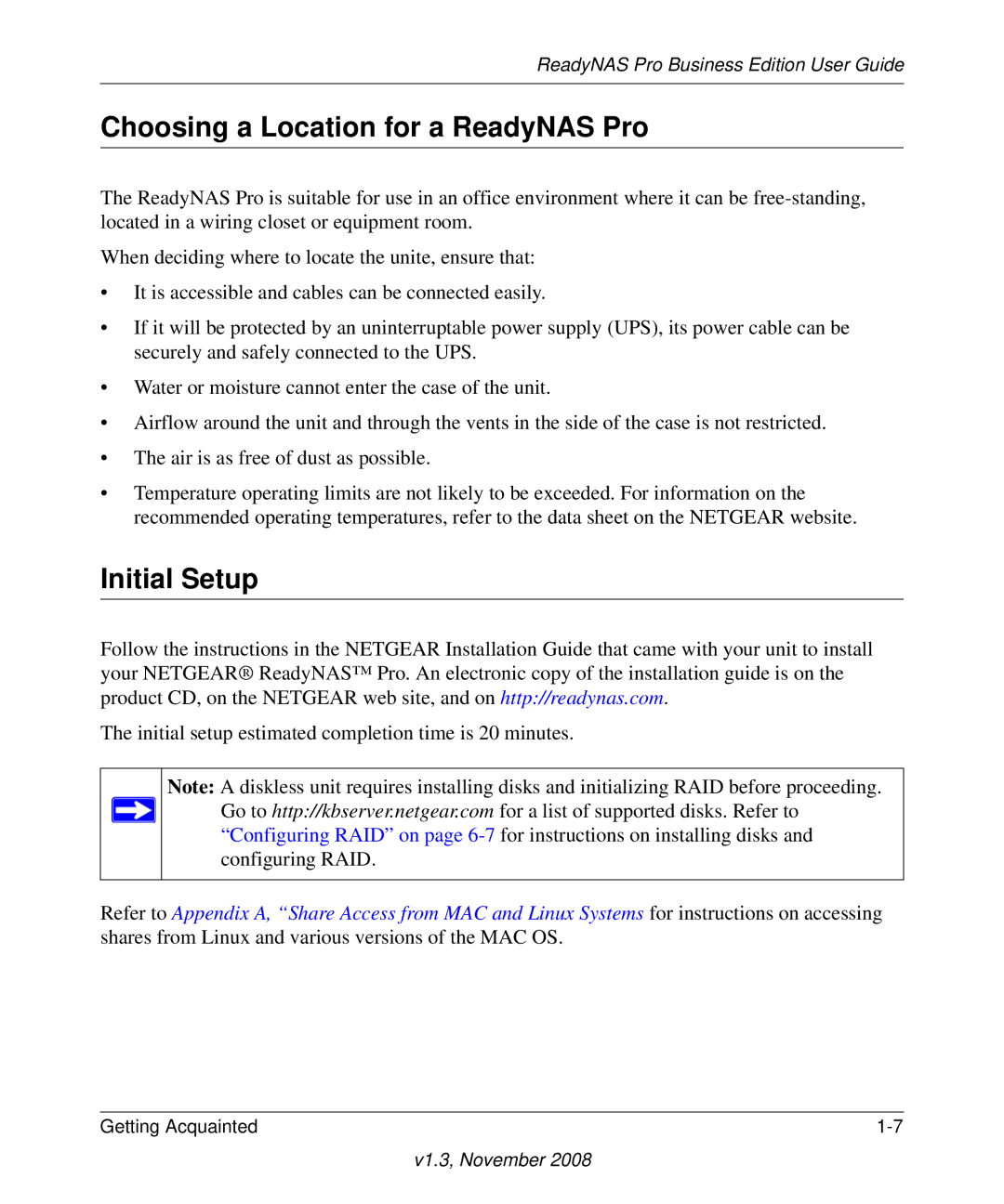 NETGEAR Business Edition manual Choosing a Location for a ReadyNAS Pro, Initial Setup 