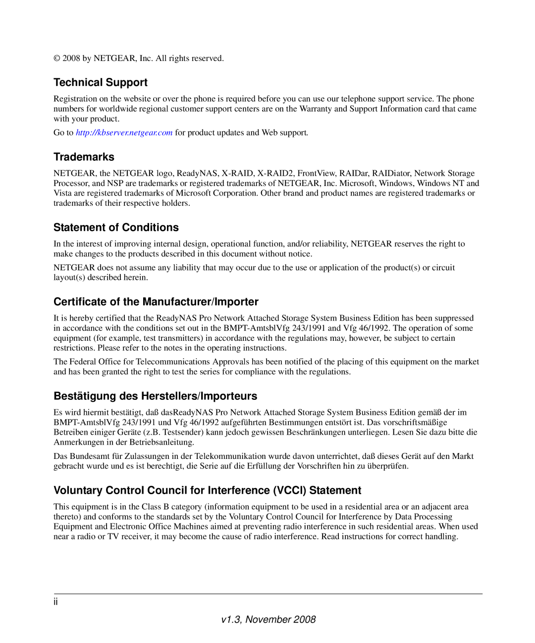 NETGEAR Business Edition Technical Support, Trademarks, Statement of Conditions, Certificate of the Manufacturer/Importer 