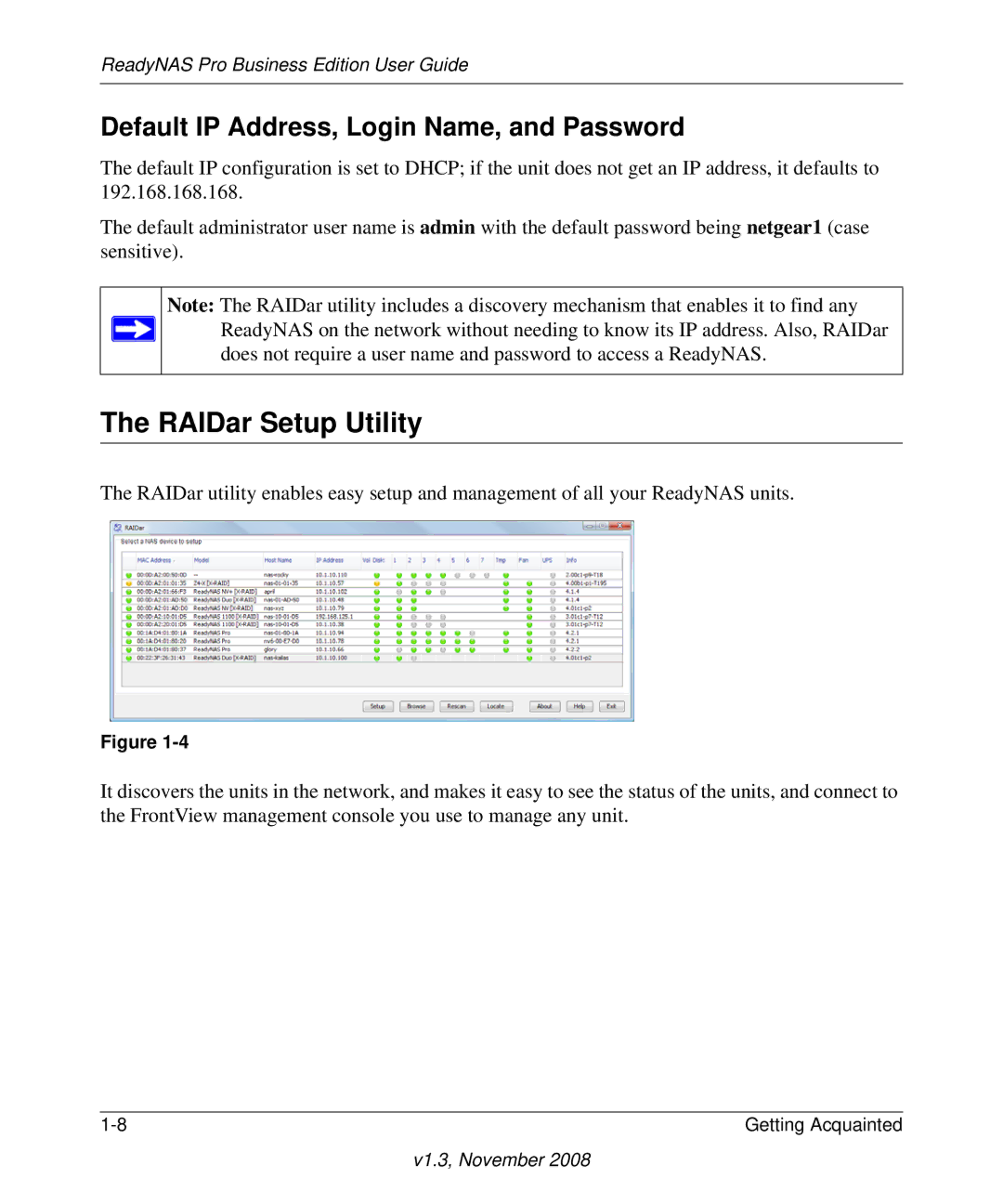 NETGEAR Business Edition manual RAIDar Setup Utility, Default IP Address, Login Name, and Password 