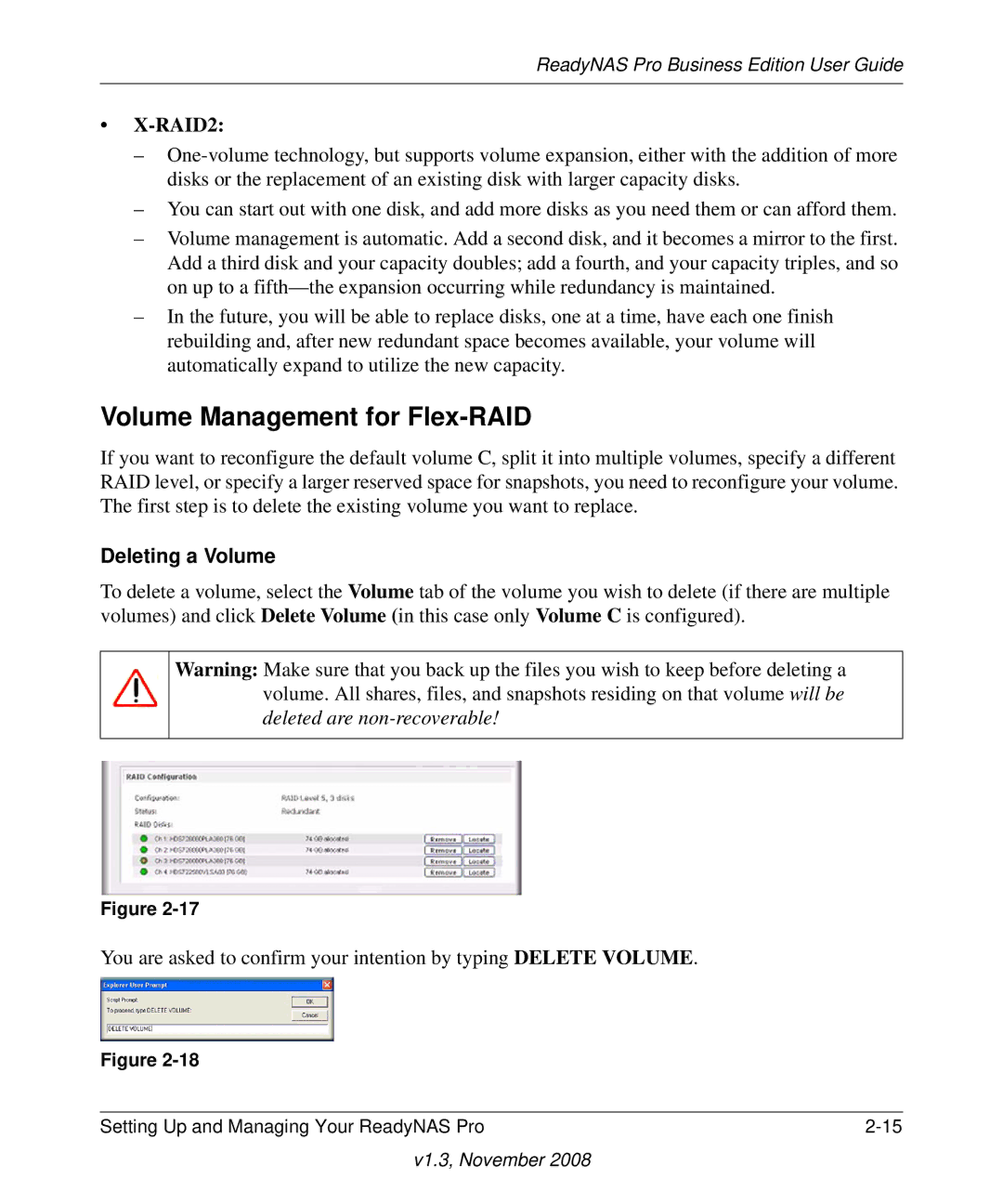 NETGEAR Business Edition manual Volume Management for Flex-RAID, Deleting a Volume 