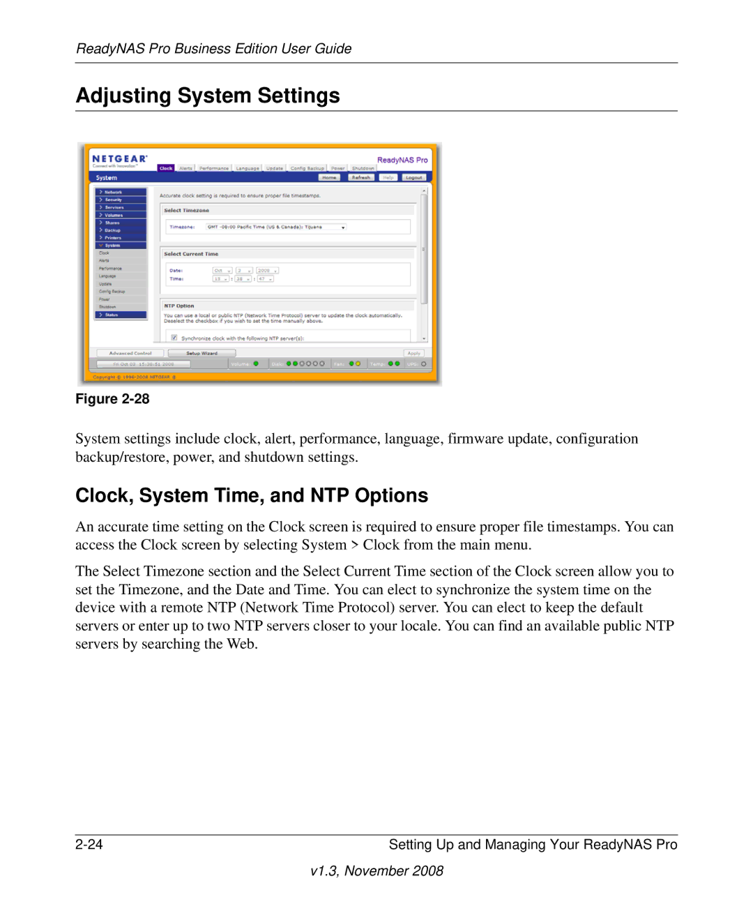 NETGEAR Business Edition manual Adjusting System Settings, Clock, System Time, and NTP Options 