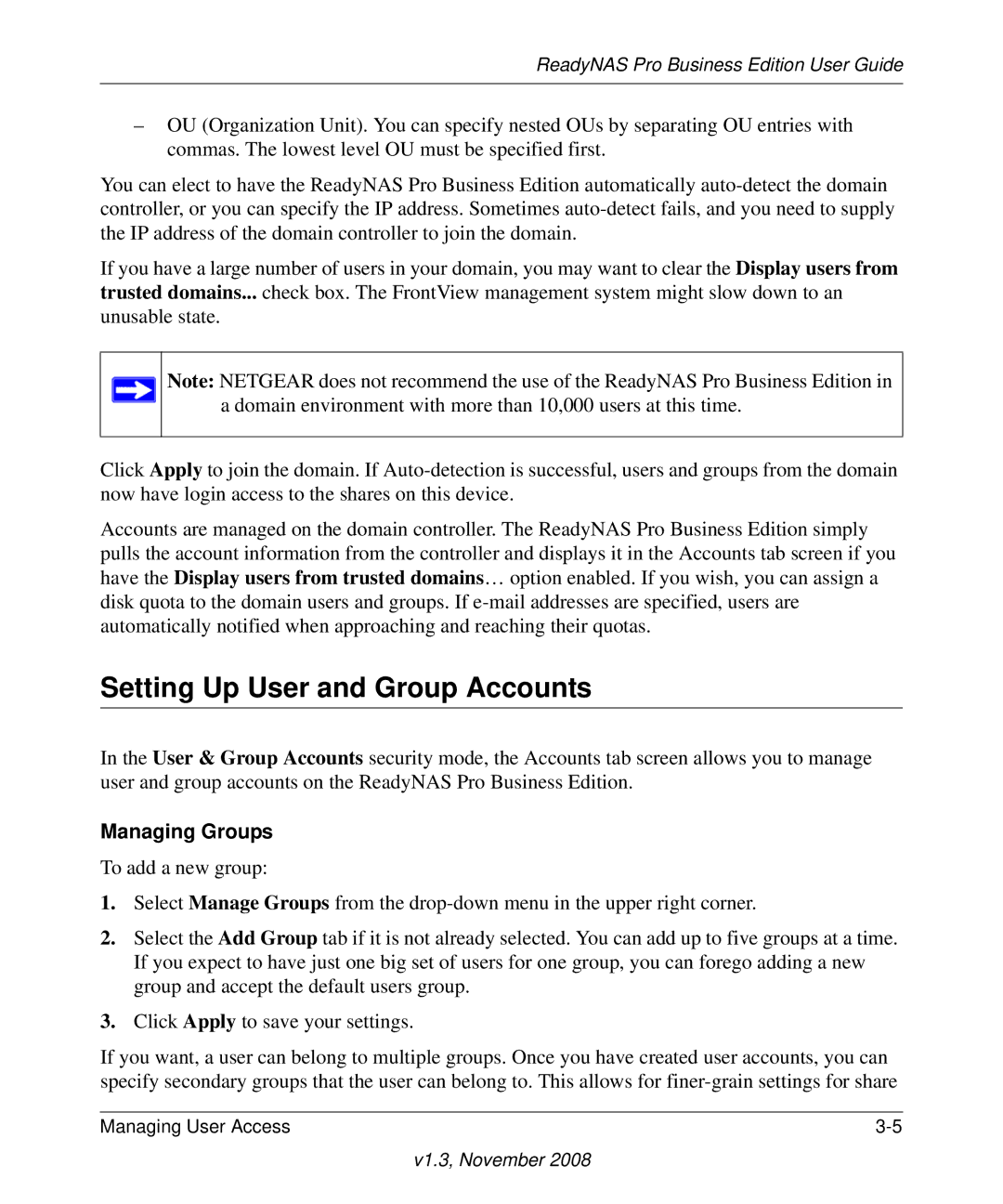 NETGEAR Business Edition manual Setting Up User and Group Accounts, Managing Groups 