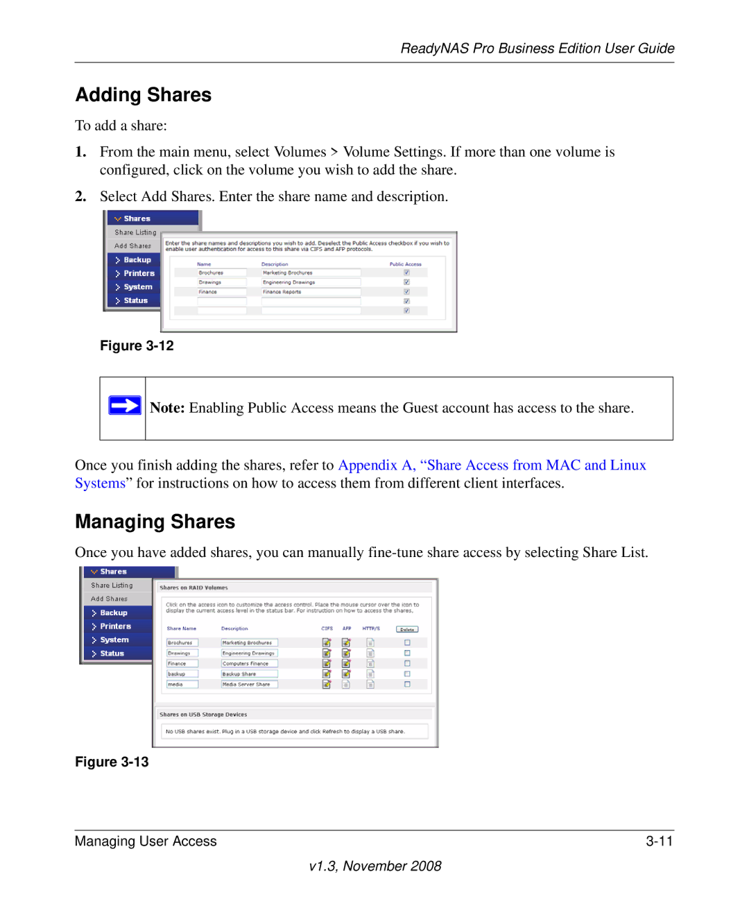 NETGEAR Business Edition manual Adding Shares, Managing Shares 