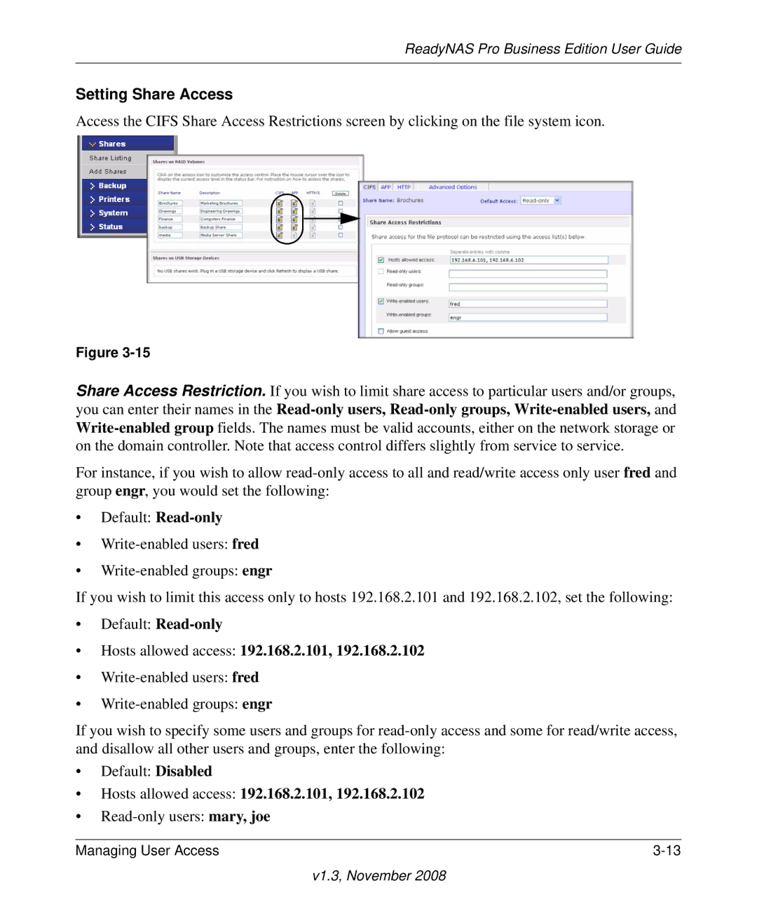 NETGEAR Business Edition manual Setting Share Access, Hosts allowed access 192.168.2.101 