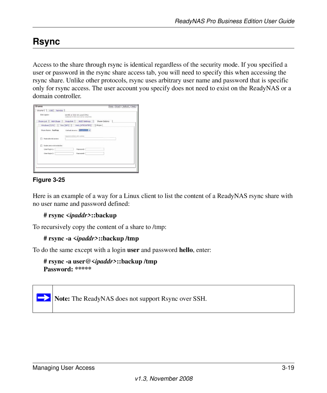 NETGEAR Business Edition manual Rsync, # rsync -a ipaddrbackup /tmp 