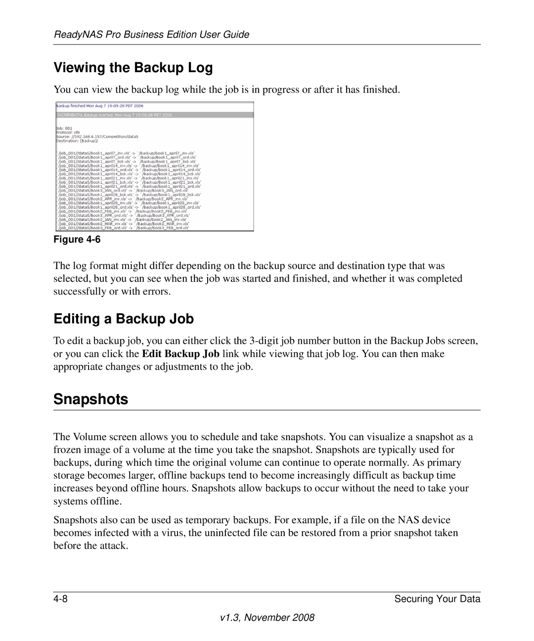 NETGEAR Business Edition manual Snapshots, Viewing the Backup Log, Editing a Backup Job 