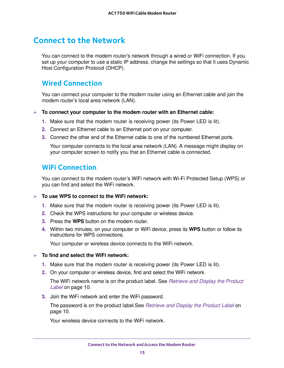 NETGEAR C6300 Connect to the Network, Wired Connection, WiFi Connection,  To use WPS to connect to the WiFi network 