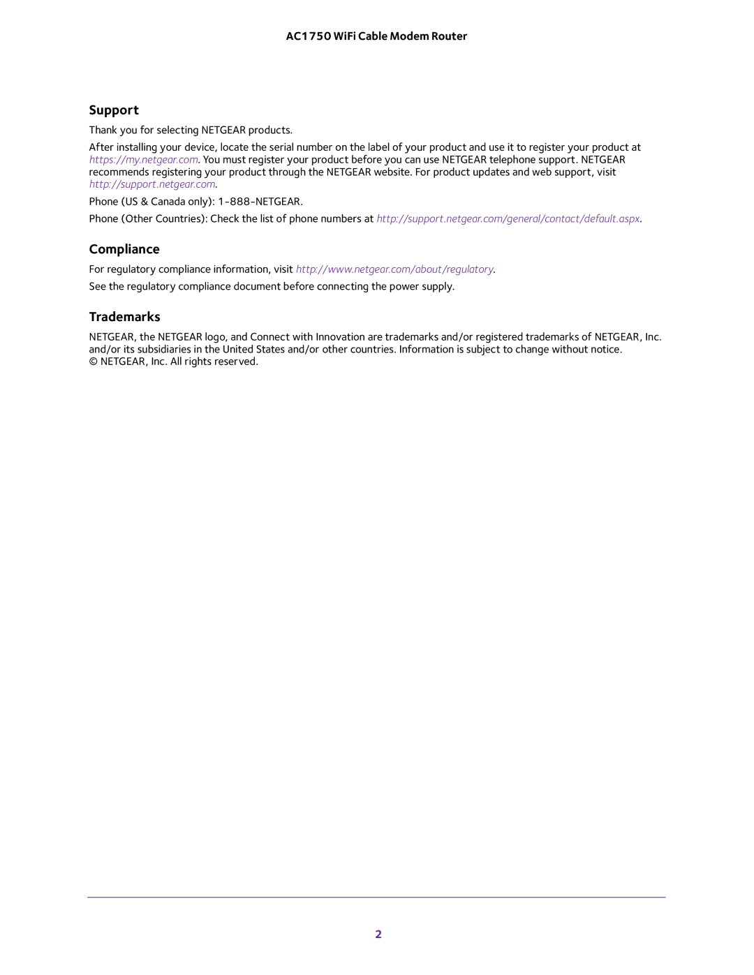 NETGEAR C6300 user manual Support, Compliance, Trademarks 