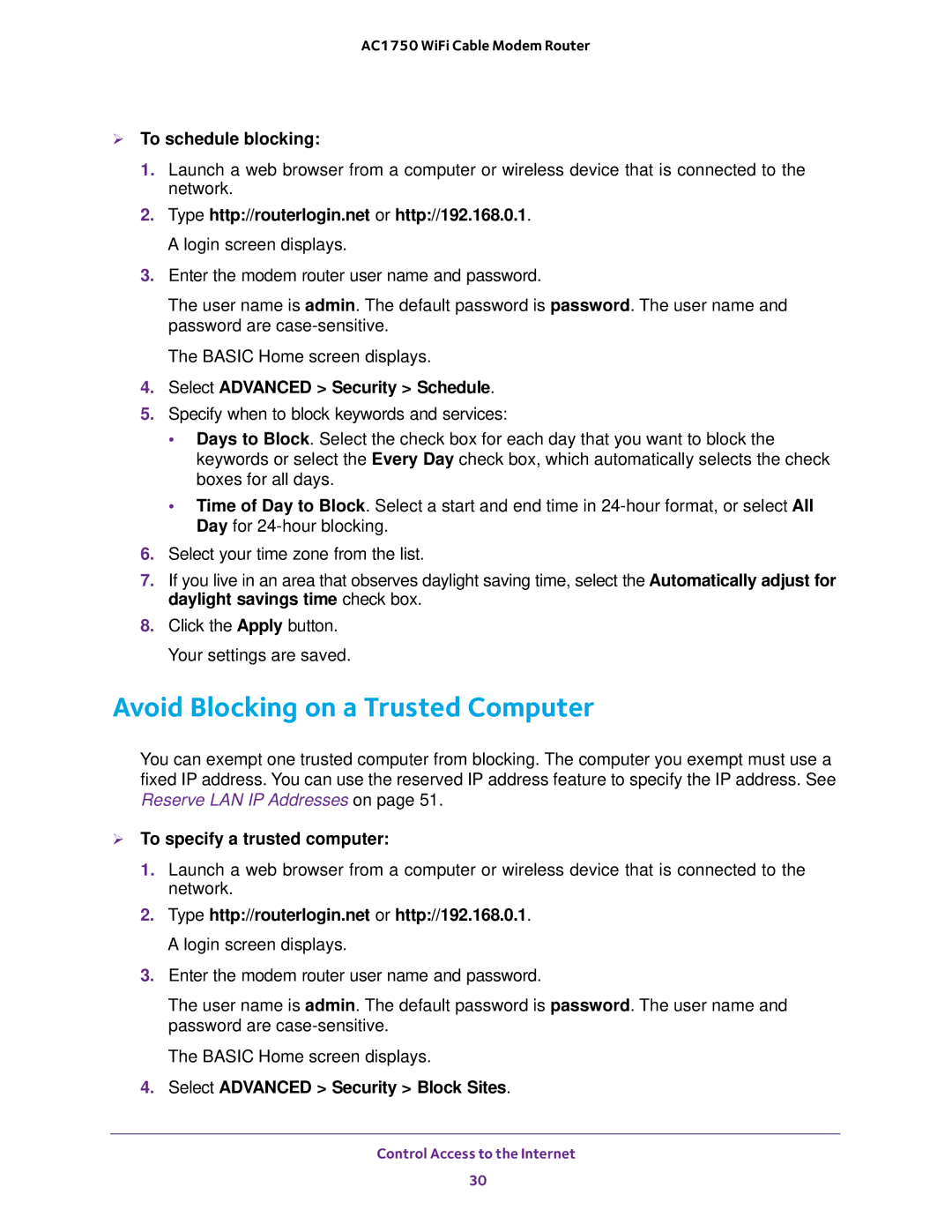 NETGEAR C6300 user manual Avoid Blocking on a Trusted Computer,  To schedule blocking, Select Advanced Security Schedule 