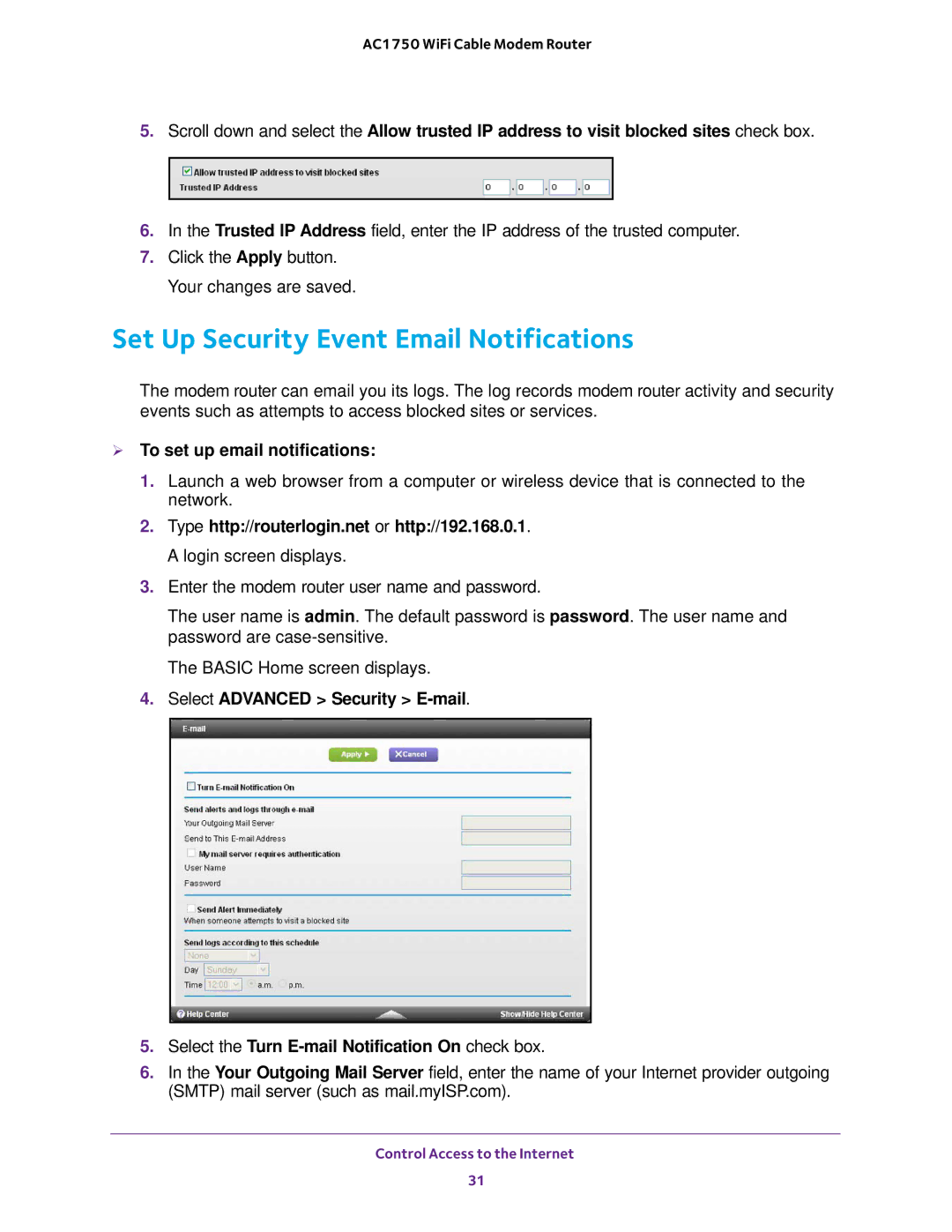 NETGEAR C6300 user manual Set Up Security Event Email Notifications,  To set up email notifications 