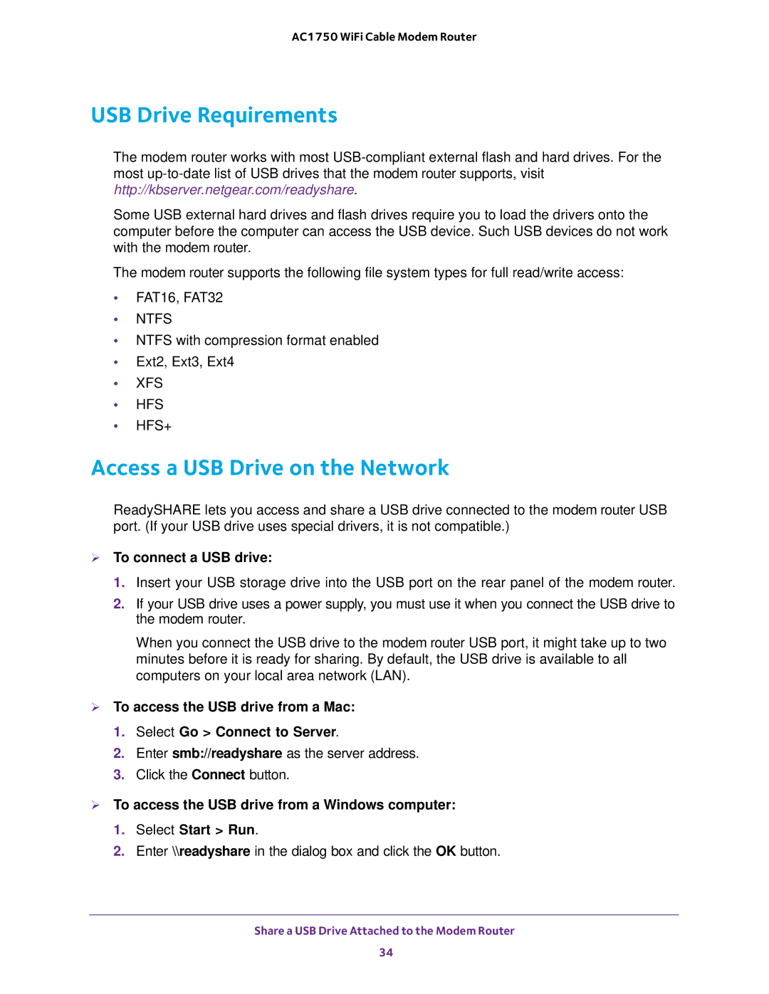 NETGEAR C6300 user manual USB Drive Requirements, Access a USB Drive on the Network,  To connect a USB drive 