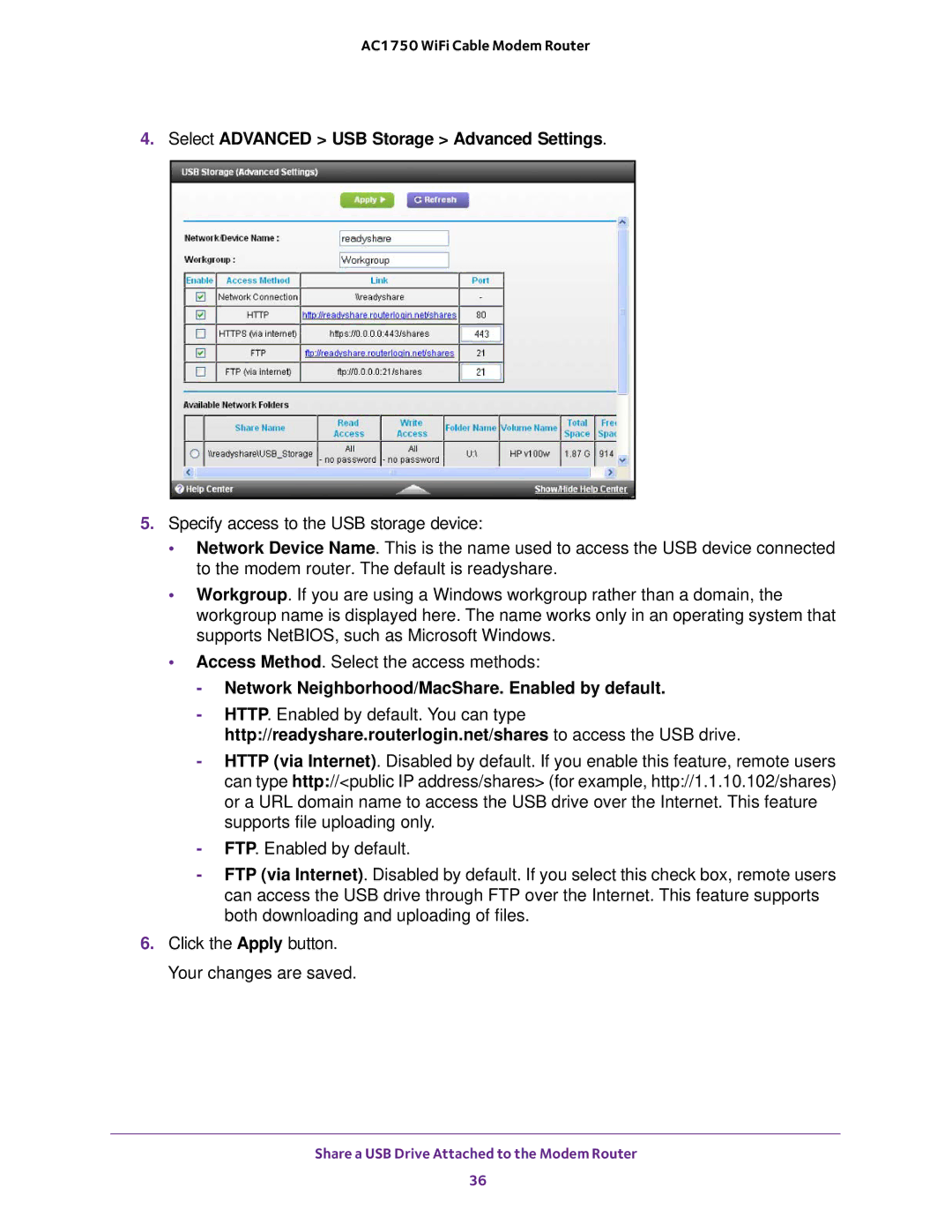 NETGEAR C6300 user manual Select Advanced USB Storage Advanced Settings, Network Neighborhood/MacShare. Enabled by default 