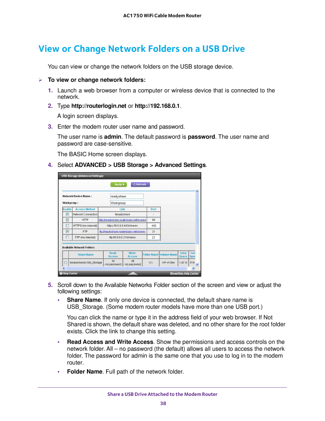 NETGEAR C6300 user manual View or Change Network Folders on a USB Drive,  To view or change network folders 