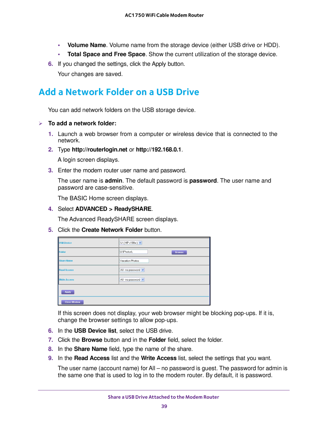 NETGEAR C6300 user manual Add a Network Folder on a USB Drive,  To add a network folder, Select Advanced ReadySHARE 