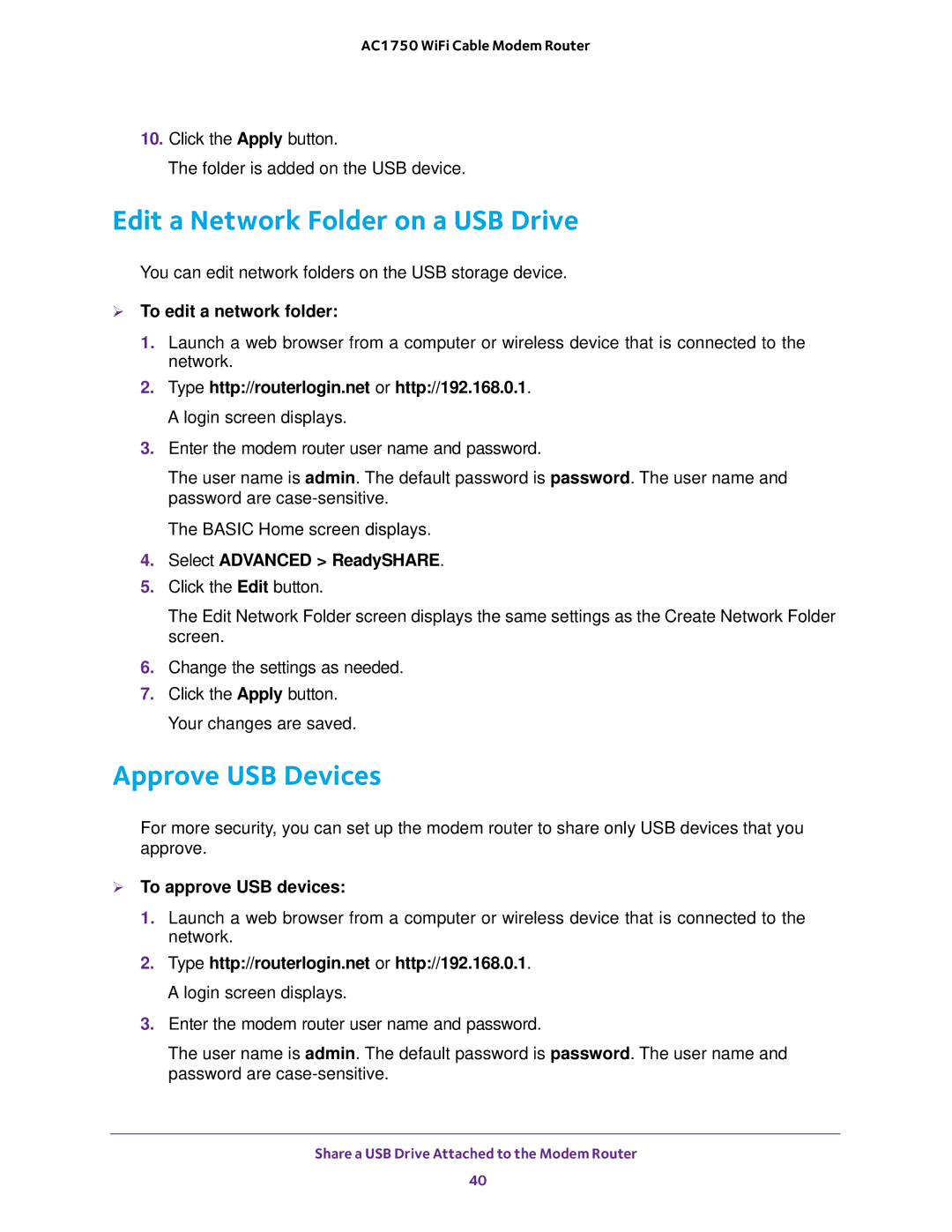 NETGEAR C6300 user manual Edit a Network Folder on a USB Drive, Approve USB Devices,  To edit a network folder 