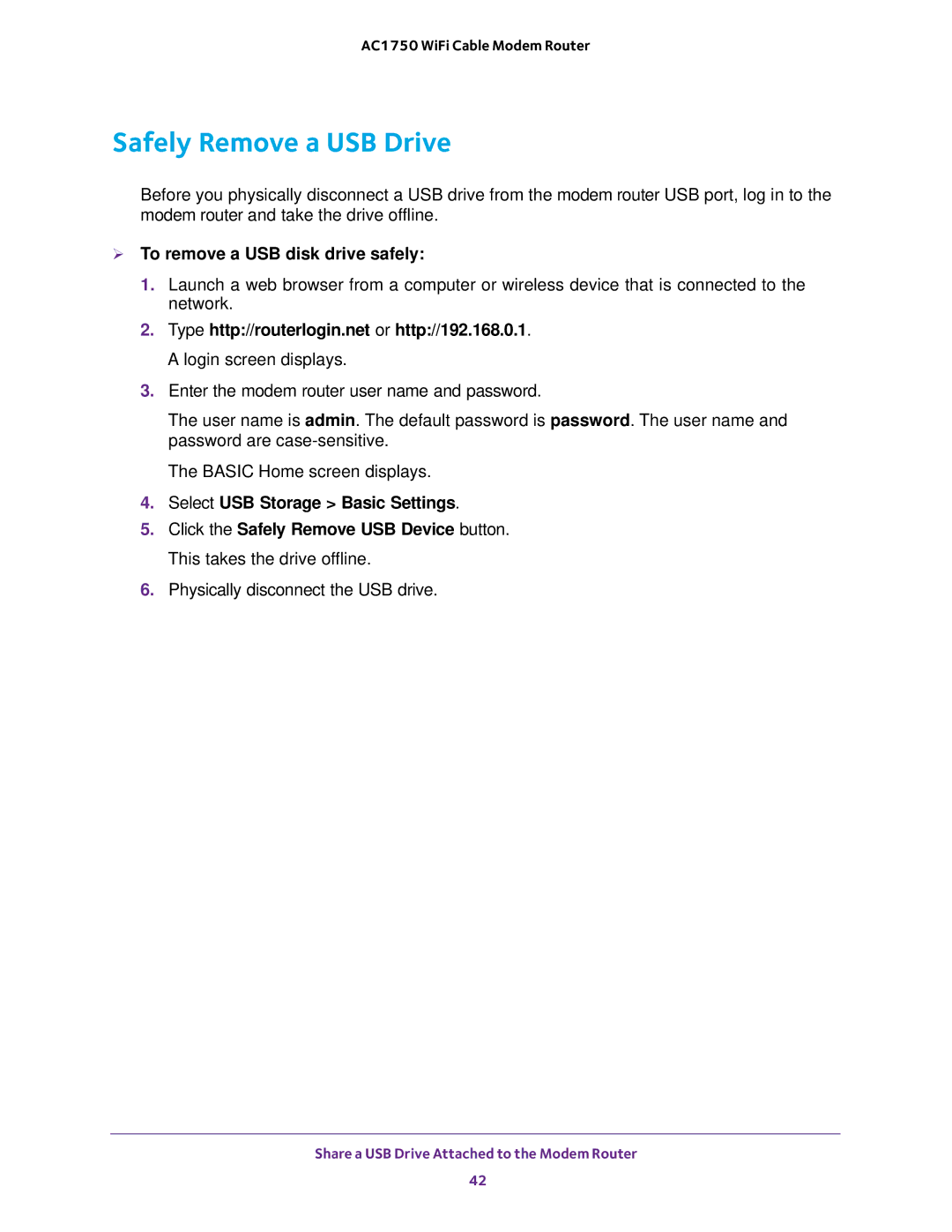 NETGEAR C6300 user manual Safely Remove a USB Drive,  To remove a USB disk drive safely, Select USB Storage Basic Settings 