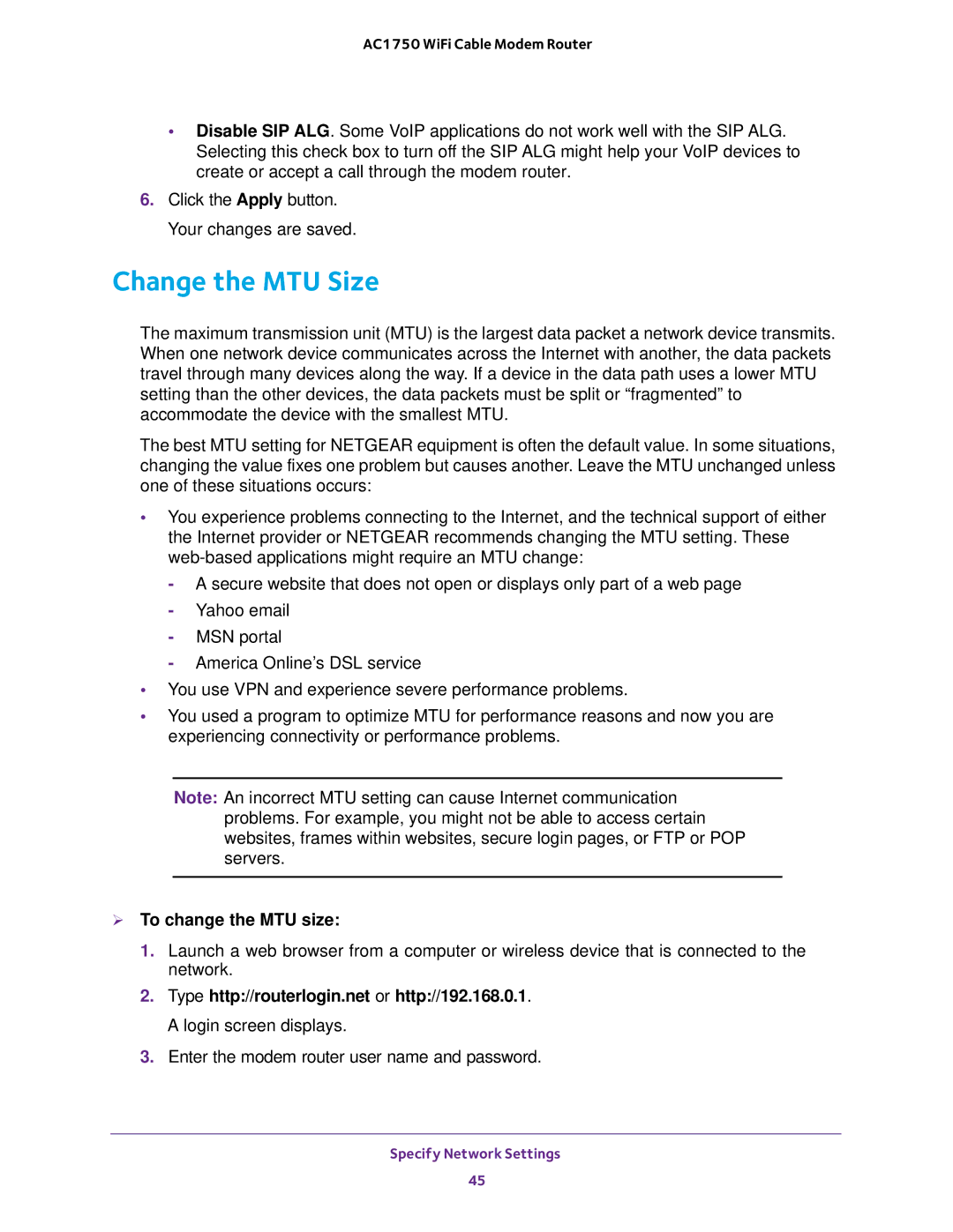 NETGEAR C6300 user manual Change the MTU Size,  To change the MTU size 