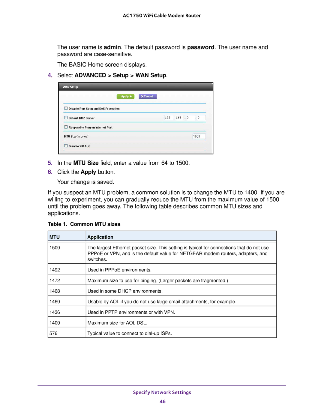 NETGEAR C6300 user manual Common MTU sizes 