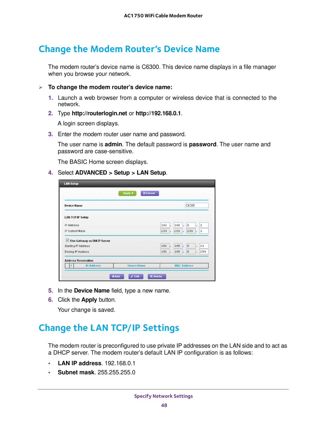 NETGEAR C6300 Change the Modem Router’s Device Name, Change the LAN TCP/IP Settings, Select Advanced Setup LAN Setup 