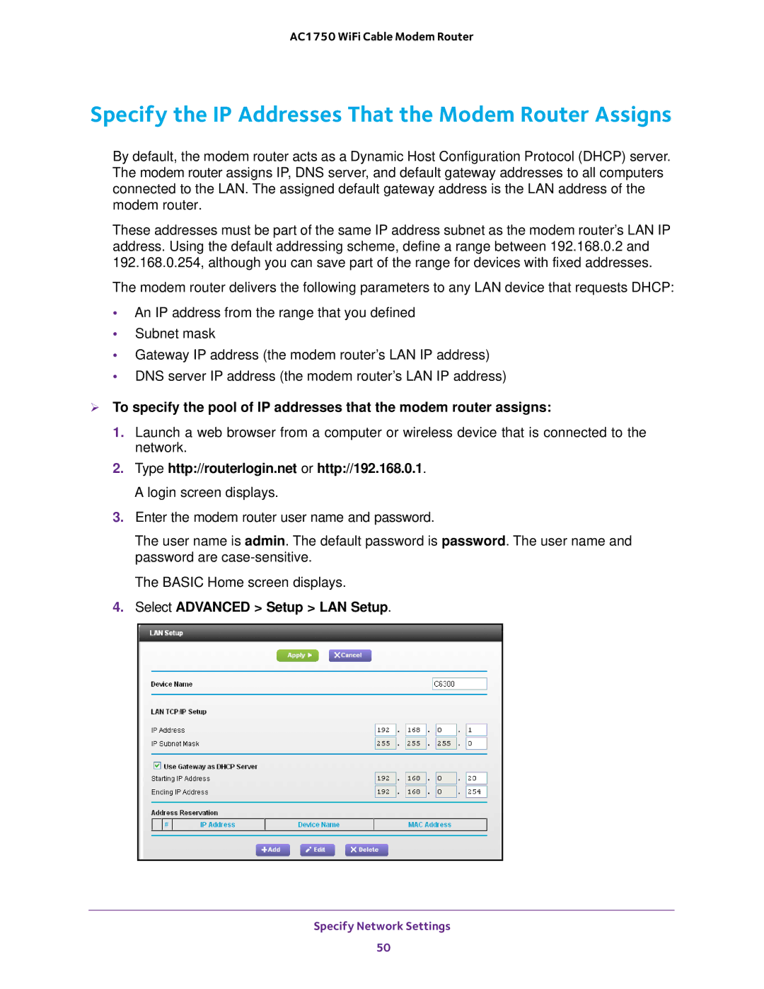 NETGEAR C6300 user manual Specify the IP Addresses That the Modem Router Assigns 