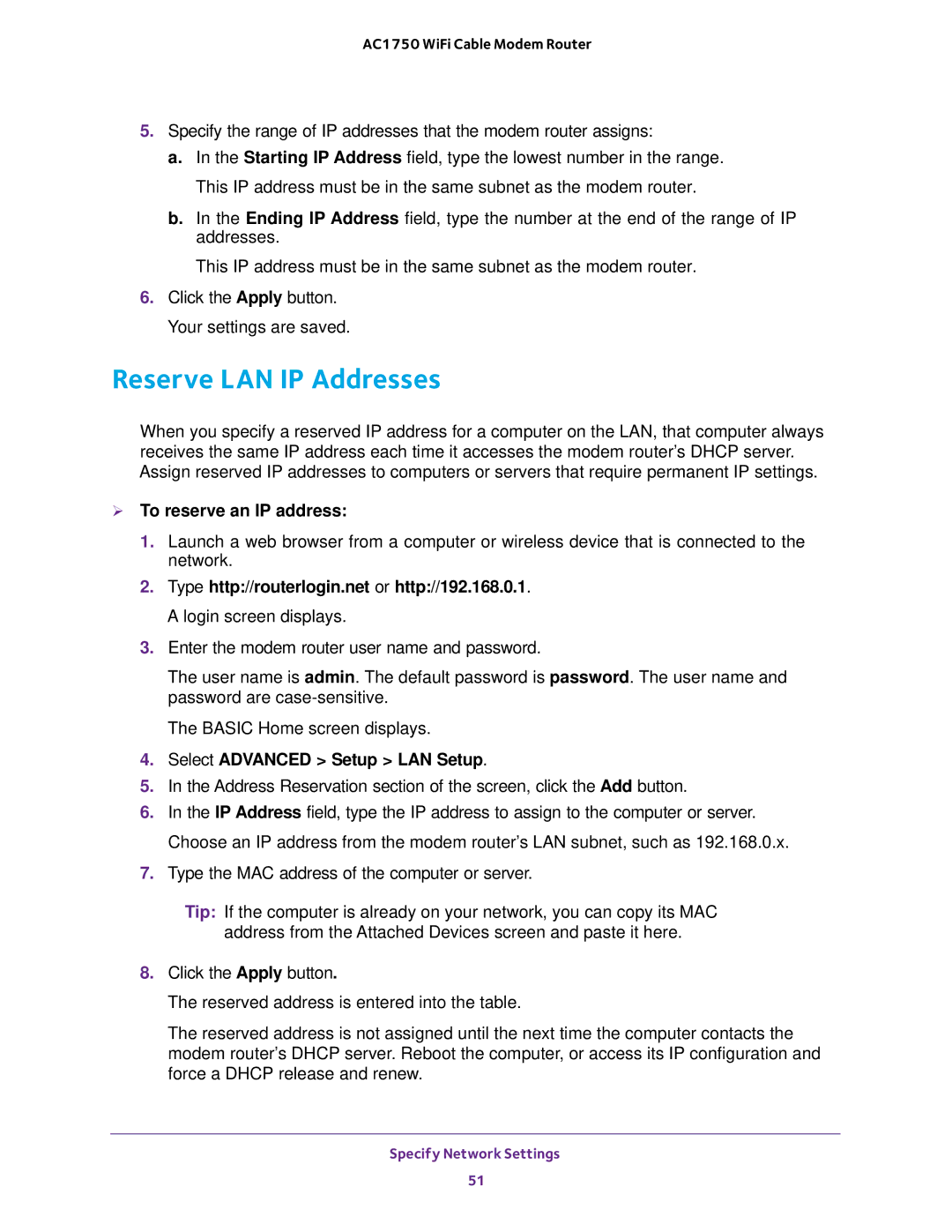 NETGEAR C6300 user manual Reserve LAN IP Addresses,  To reserve an IP address 