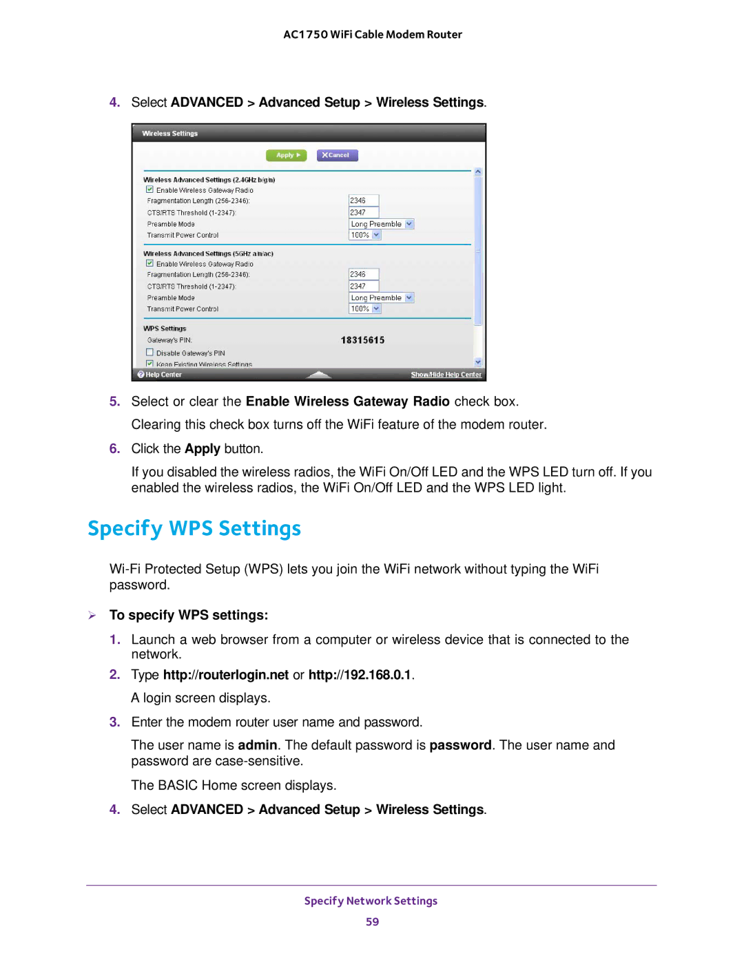 NETGEAR C6300 user manual Specify WPS Settings, Select Advanced Advanced Setup Wireless Settings,  To specify WPS settings 