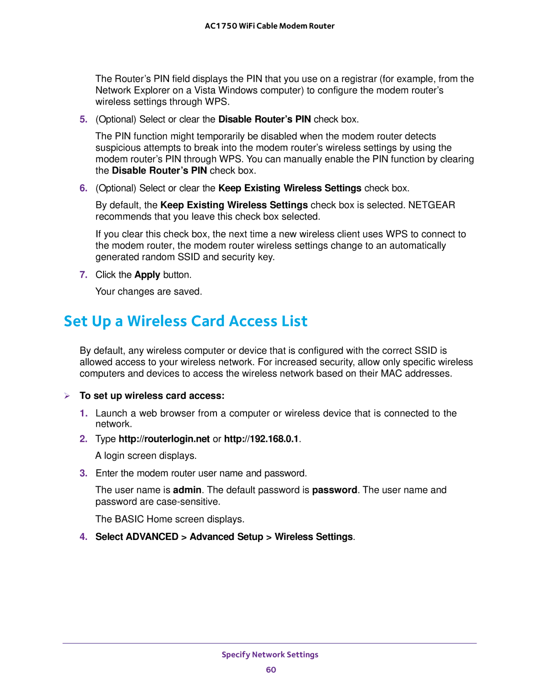 NETGEAR C6300 user manual Set Up a Wireless Card Access List,  To set up wireless card access 