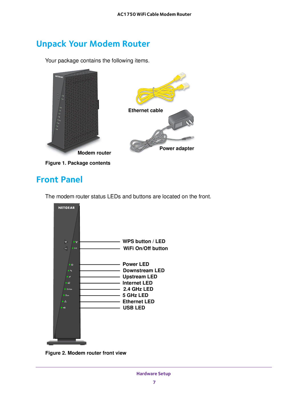 NETGEAR C6300 user manual Unpack Your Modem Router, Front Panel 