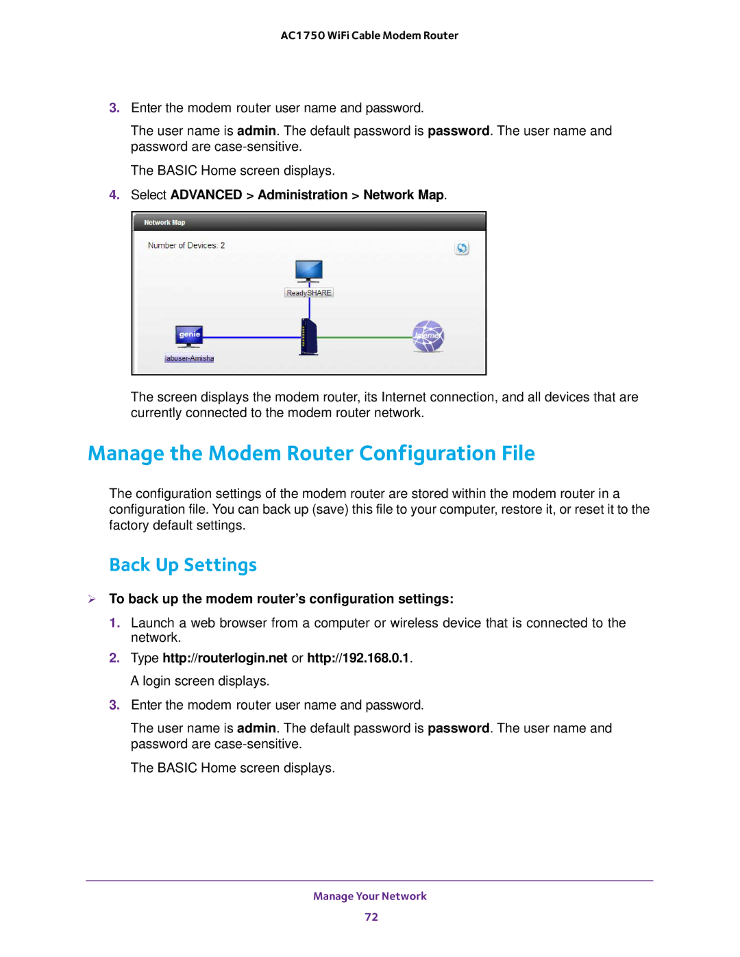 NETGEAR C6300 Manage the Modem Router Configuration File, Back Up Settings, Select Advanced Administration Network Map 