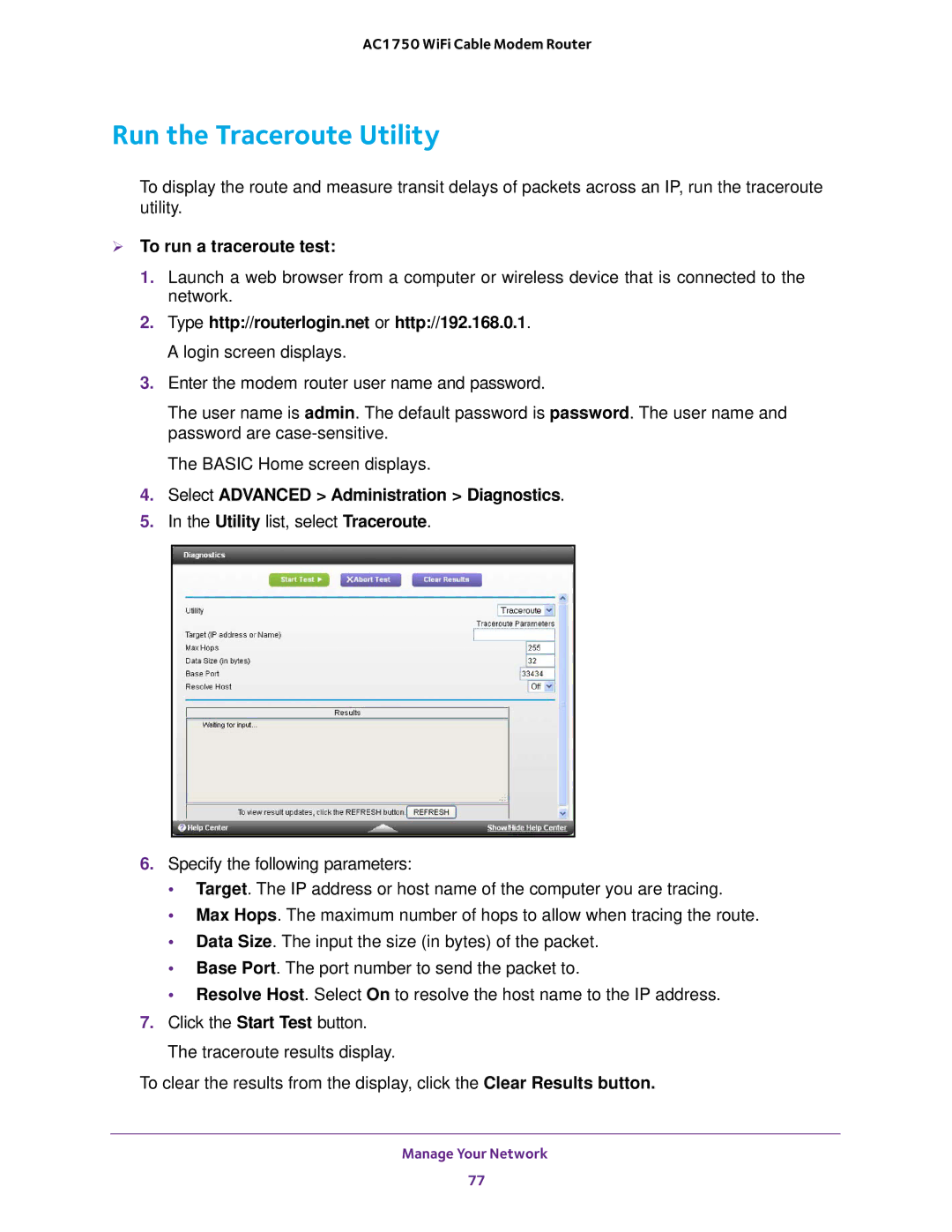 NETGEAR C6300 Run the Traceroute Utility,  To run a traceroute test, Select Advanced Administration Diagnostics 