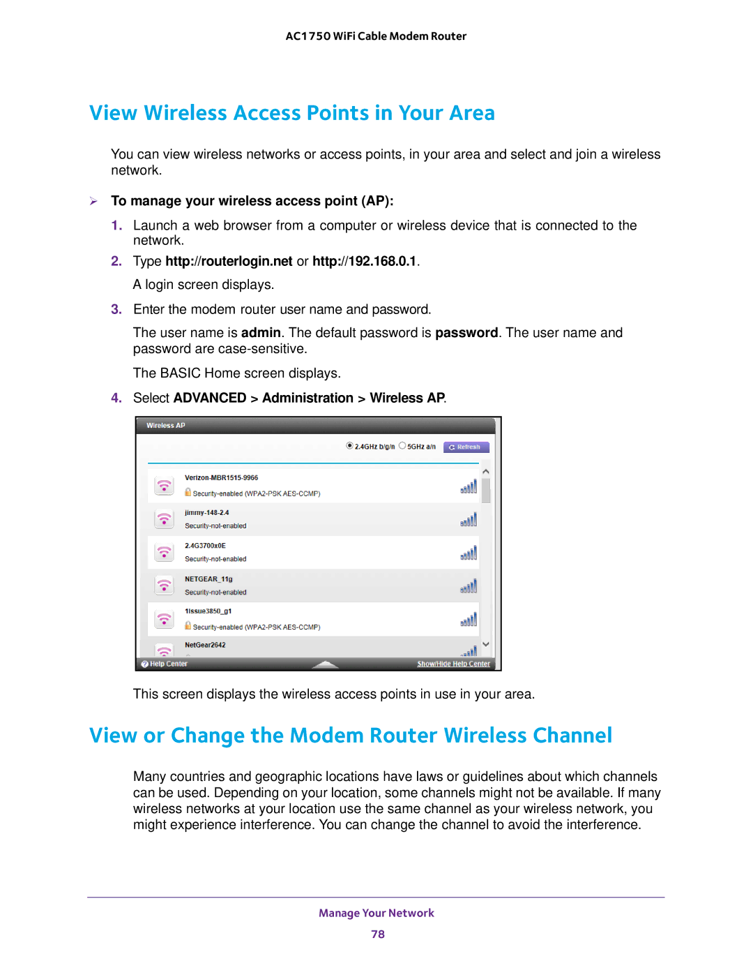 NETGEAR C6300 user manual View Wireless Access Points in Your Area, View or Change the Modem Router Wireless Channel 