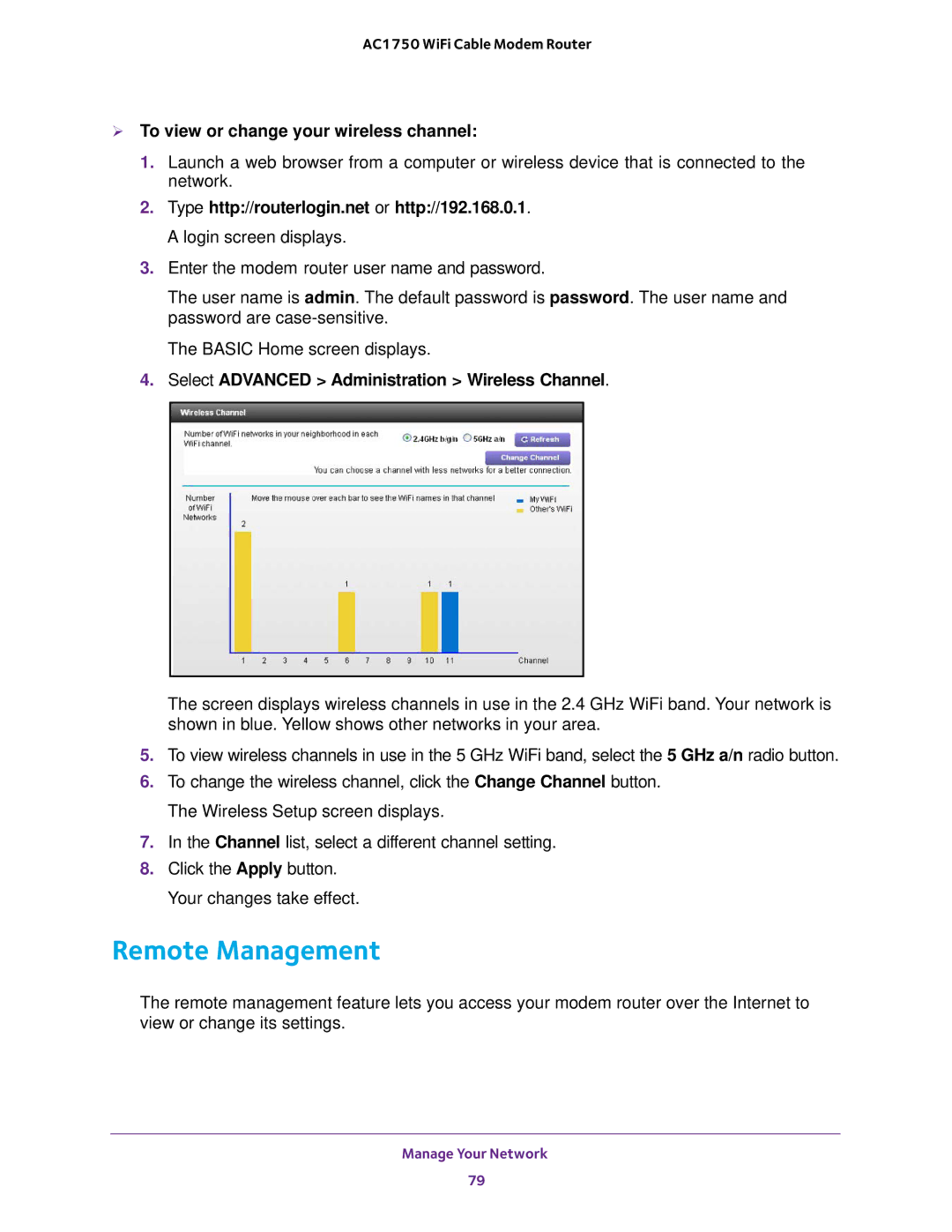 NETGEAR C6300 user manual Remote Management,  To view or change your wireless channel 