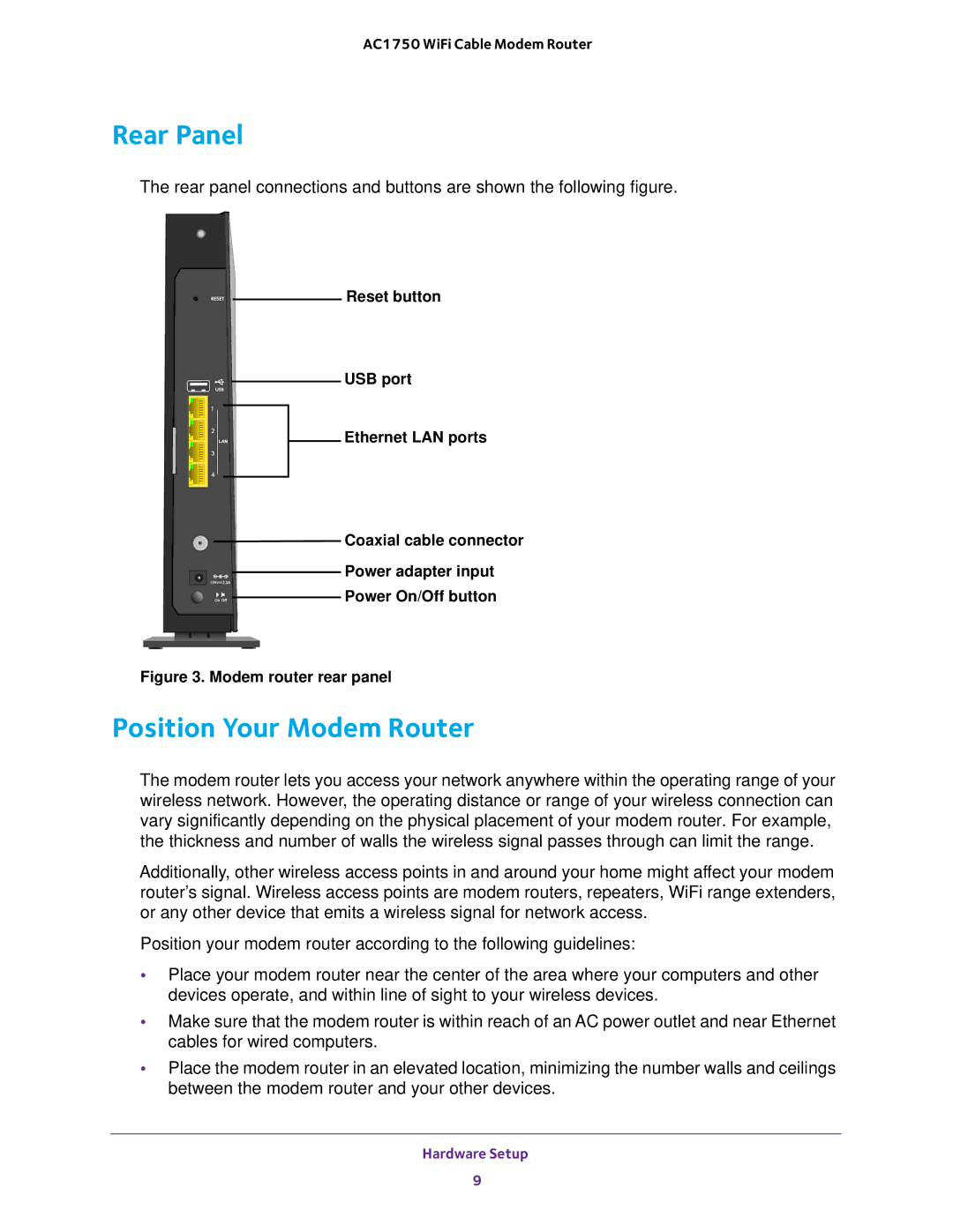 NETGEAR C6300 user manual Rear Panel, Position Your Modem Router 