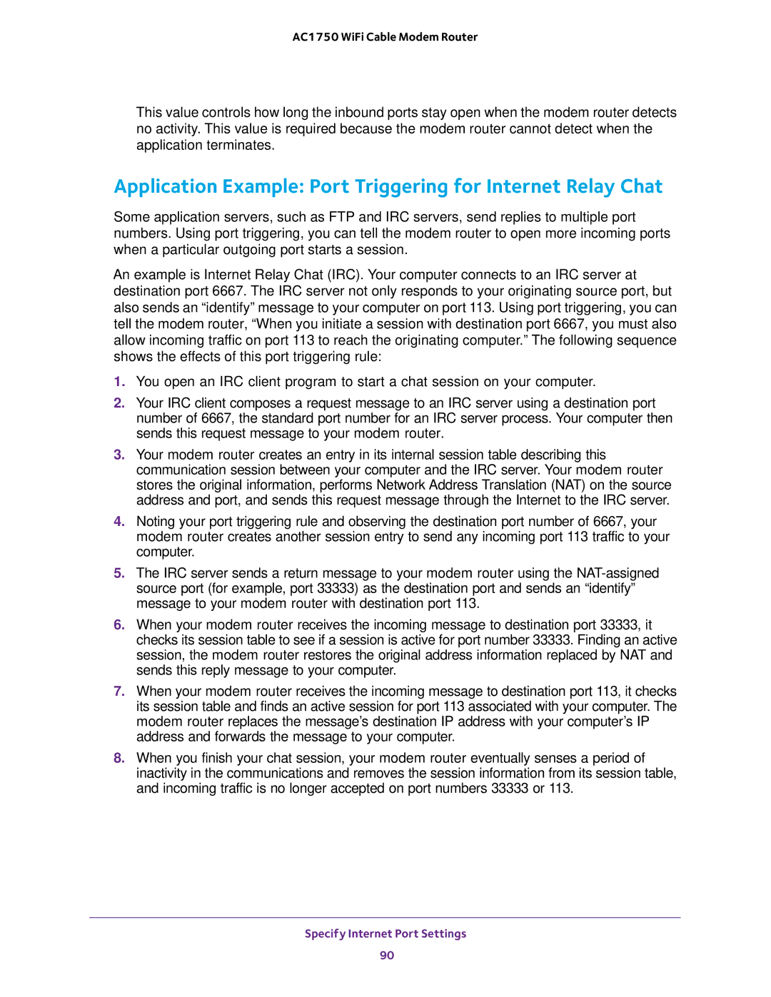 NETGEAR C6300 user manual Application Example Port Triggering for Internet Relay Chat 