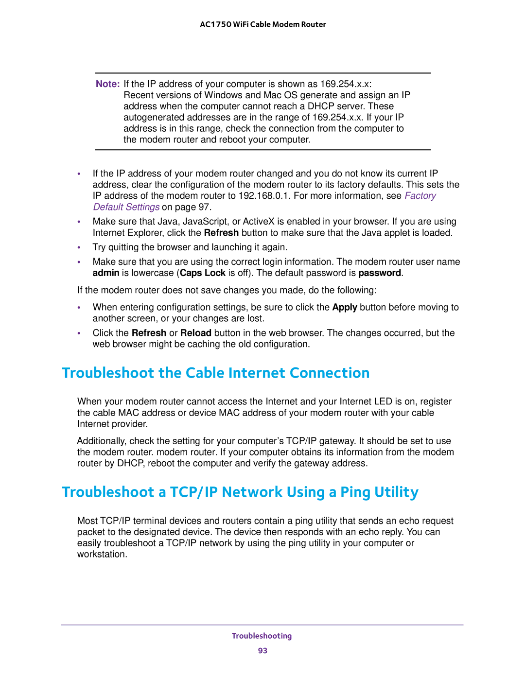 NETGEAR C6300 user manual Troubleshoot the Cable Internet Connection, Troubleshoot a TCP/IP Network Using a Ping Utility 