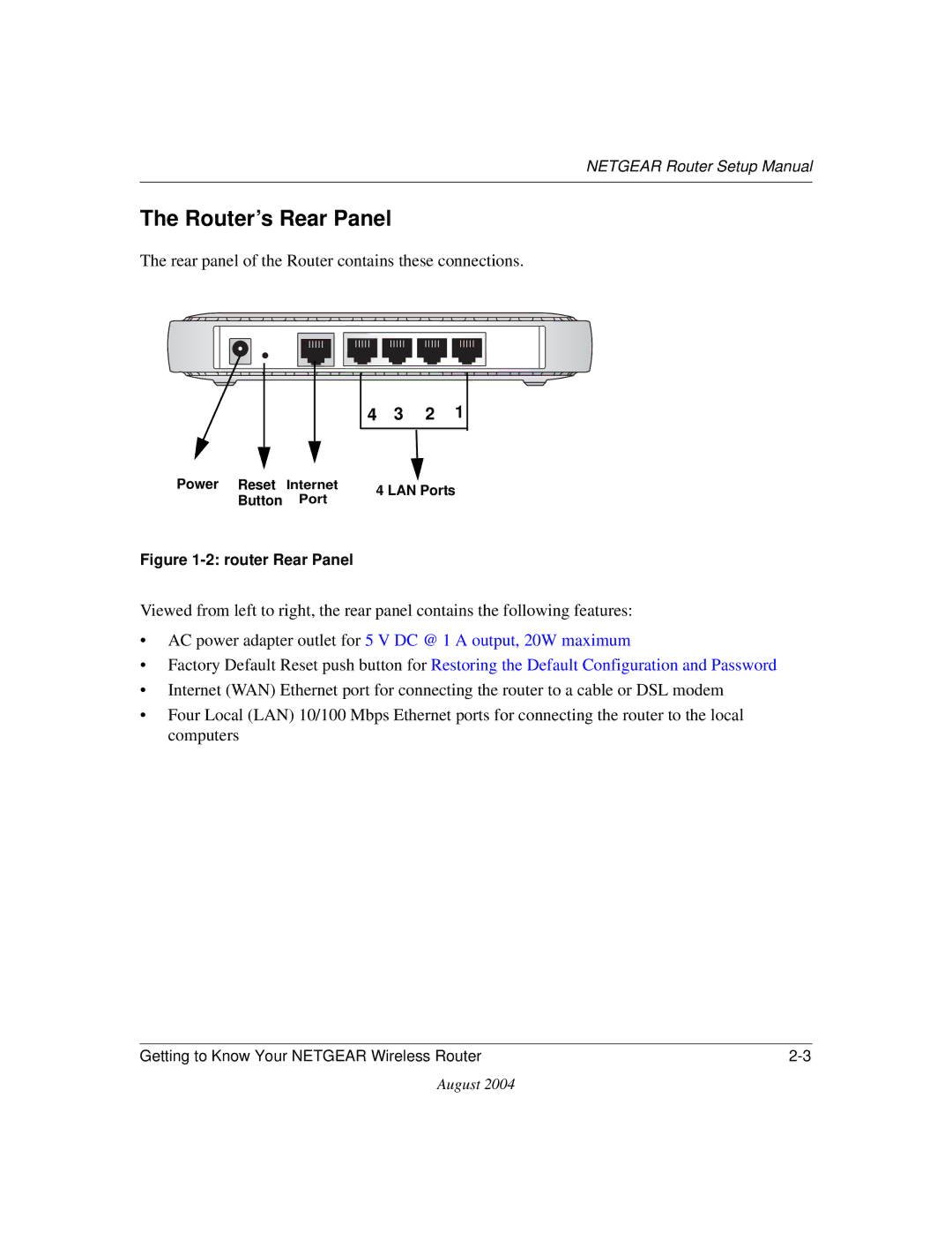 NETGEAR CA 95054 manual Router’s Rear Panel, Router Rear Panel 