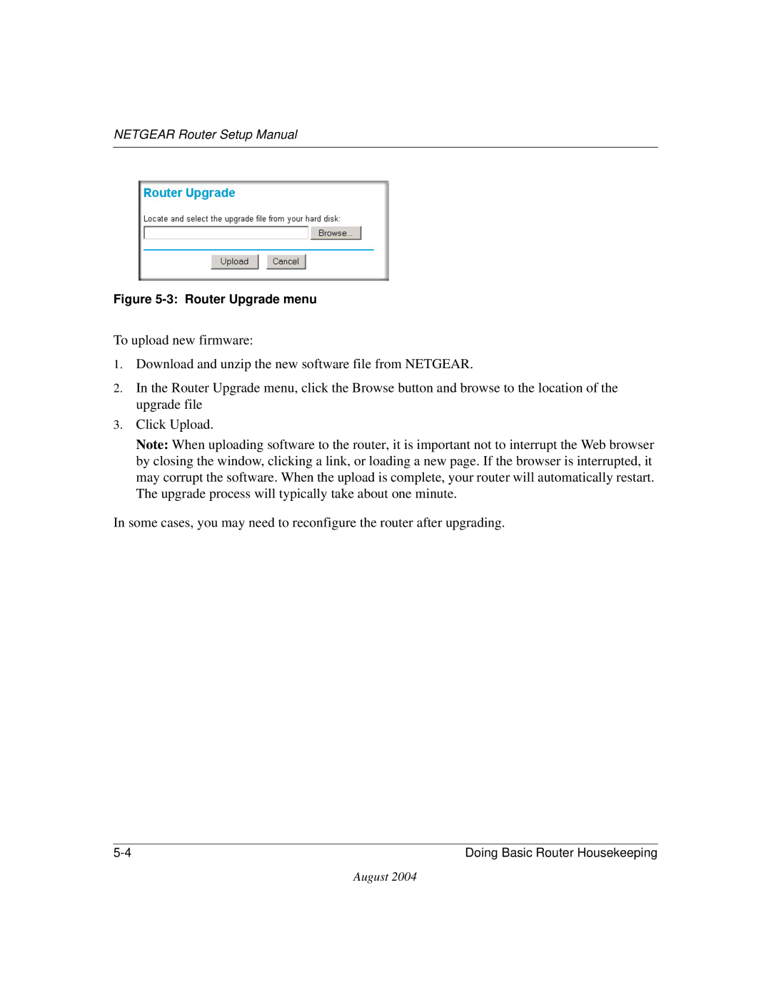 NETGEAR CA 95054 manual Router Upgrade menu 