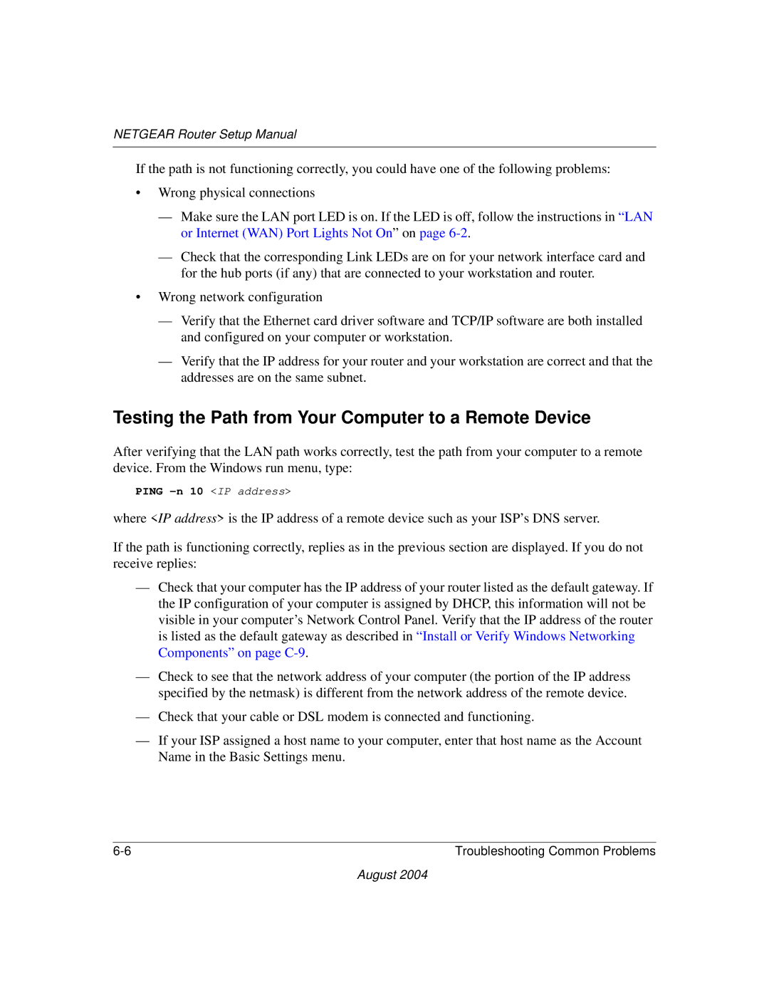 NETGEAR CA 95054 manual Testing the Path from Your Computer to a Remote Device 