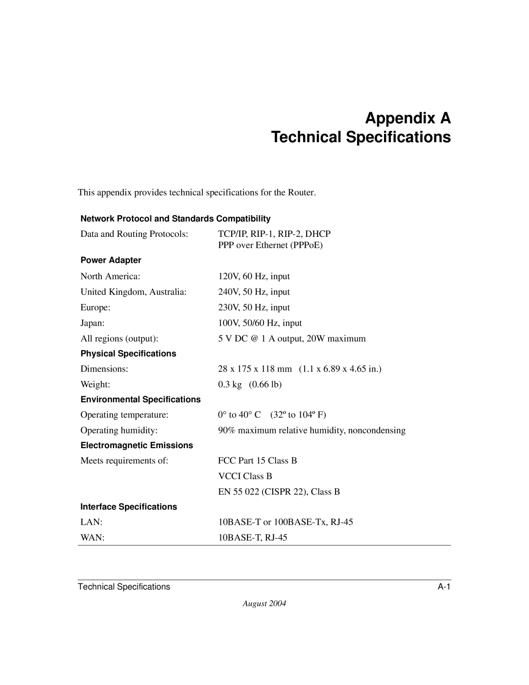 NETGEAR CA 95054 manual Appendix a Technical Specifications, TCP/IP, RIP-1, RIP-2, Dhcp 